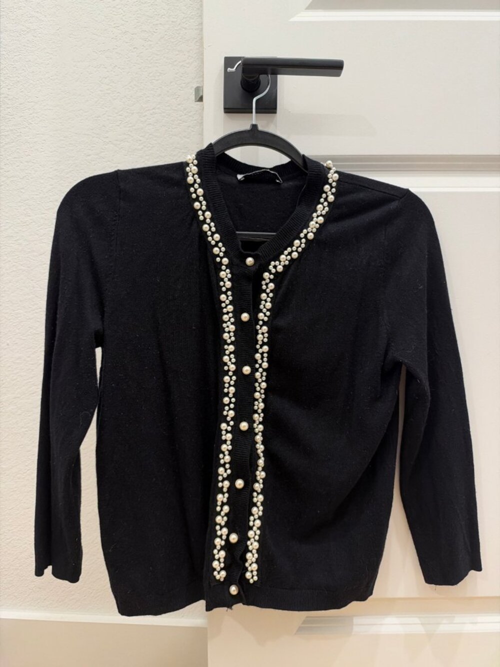 Zara Pearl-Trim Knit Cardigan, Women's S, Black